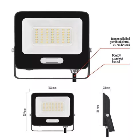 LED reflektor, 30W, 3000lm, 4000K, NW, 120°, fekete, IP65, F, GLARO                                   ZS2234B