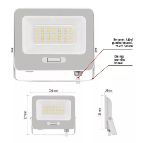 LED reflektor, 30W, 3000lm, 4000K, NW, 120°, fehér, IP65, F, GLARO                                    ZS2234W