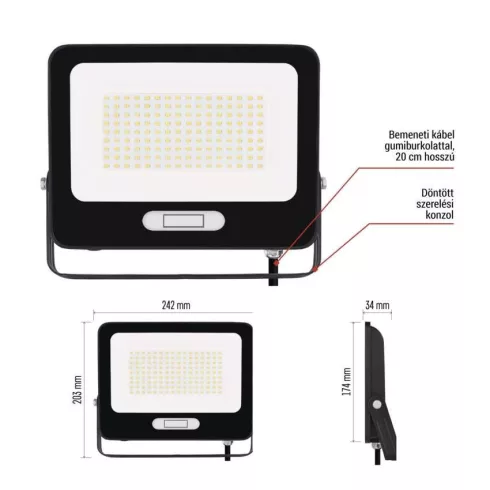 LED reflektor, 100W, 10000lm, 4000K, NW, 120°, fekete, IP65, F, GLARO                                 ZS2254B