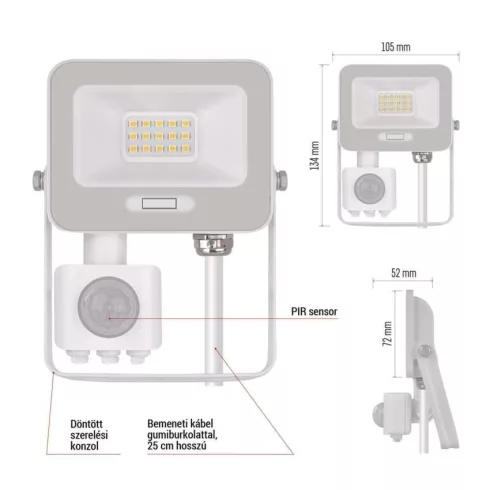 LED reflektor, mozgásérzékelővel, 10W, 1000lm, 4000K, NW, PIR, táv 8m, 120°, fehér, IP54, F, GLARO    ZS2314W
