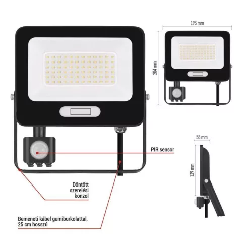LED reflektor, mozgásérzékelővel, 50W, 5000lm, 4000K, NW, PIR, táv 8m, 120°, fekete, IP54, F, GLARO   ZS2344B
