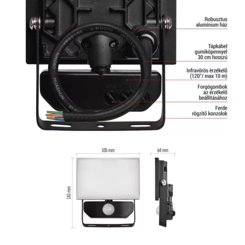 LED-es reflektor TAMBO, PIR mozgásérzékelővel, 10 W, 1000 lm, 4000 K, IP54, fekete                    ZS2912