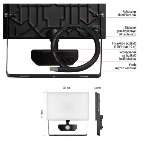 LED-es reflektor TAMBO, PIR mozgásérzékelővel, 50 W, 5000 lm, 4000 K, IP54, fekete                    ZS2942